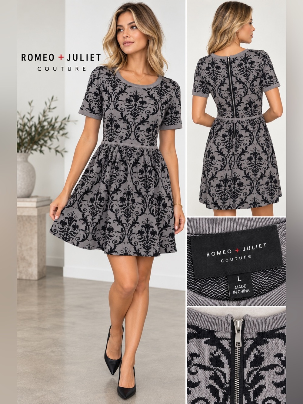 Romeo + Juliet Couture Damask Knit Skater Dress Gray Black Size L